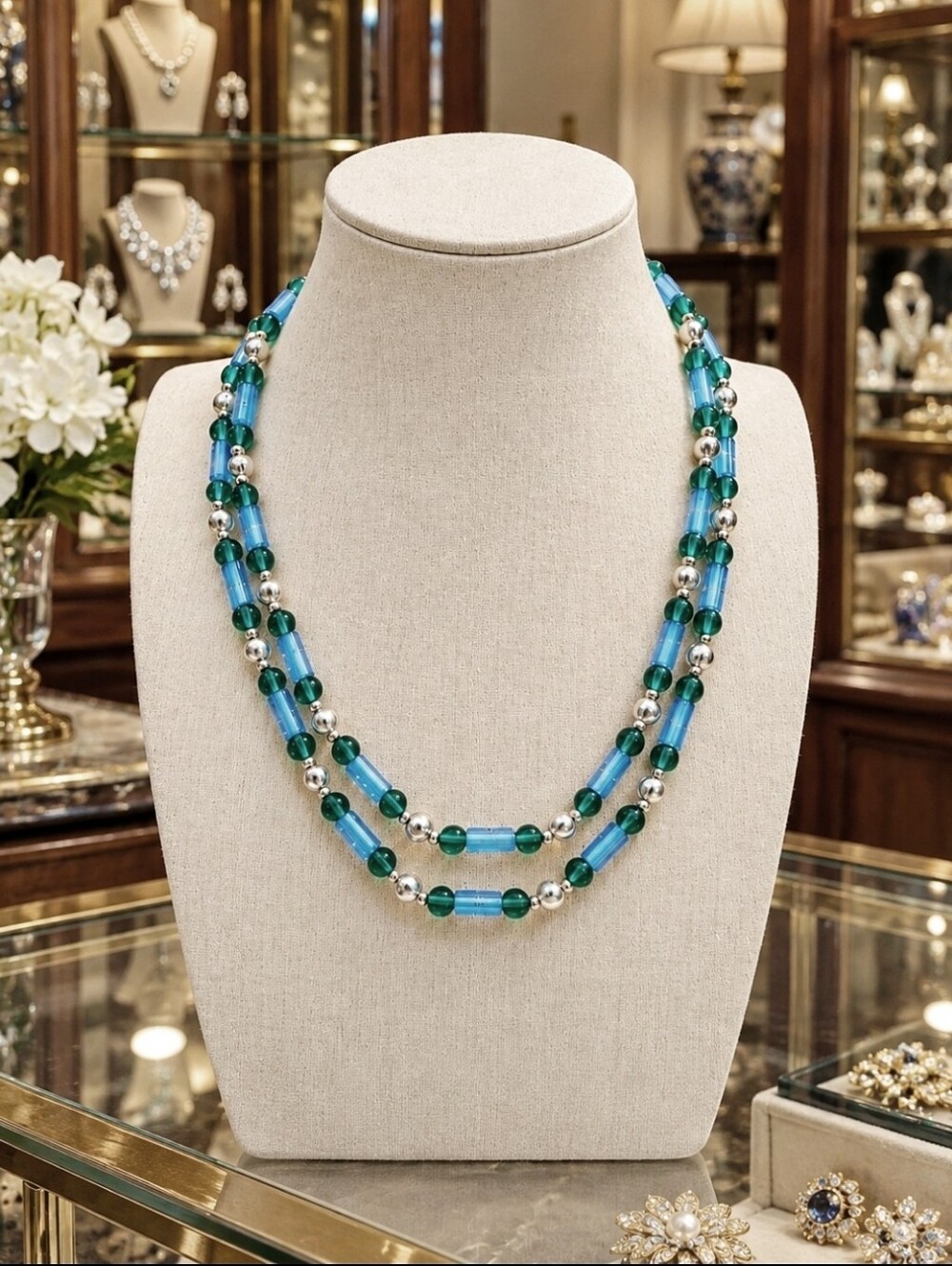 Czech Republic Blue Tube Green Light Amethyst Vintage Dual Strand Necklace NWT